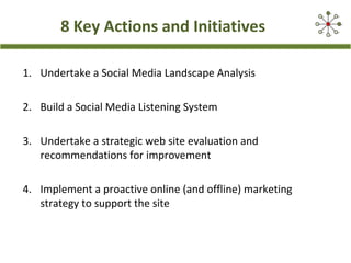 8 Key Actions and Initiatives
1. Undertake a Social Media Landscape Analysis
2. Build a Social Media Listening System
3. Undertake a strategic web site evaluation and
recommendations for improvement
4. Implement a proactive online (and offline) marketing
strategy to support the site
 