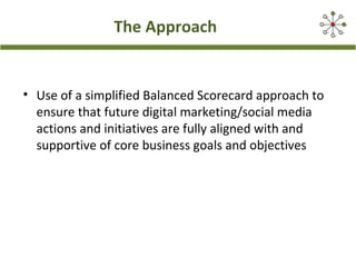 The Approach
• Use of a simplified Balanced Scorecard approach to
ensure that future digital marketing/social media
actions and initiatives are fully aligned with and
supportive of core business goals and objectives
 