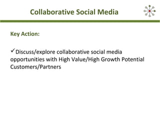 Collaborative Social Media
Key Action:
Discuss/explore collaborative social media
opportunities with High Value/High Growth Potential
Customers/Partners
 