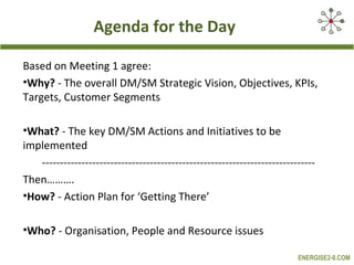ENERGISE2-0.COM
Agenda for the Day
Based on Meeting 1 agree:
•Why? - The overall DM/SM Strategic Vision, Objectives, KPIs,
Targets, Customer Segments
•What? - The key DM/SM Actions and Initiatives to be
implemented
----------------------------------------------------------------------------
Then……….
•How? - Action Plan for ‘Getting There’
•Who? - Organisation, People and Resource issues
 