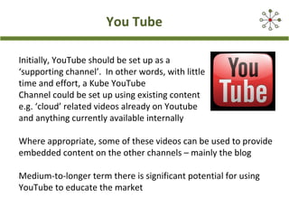 You Tube
Initially, YouTube should be set up as a
‘supporting channel’. In other words, with little
time and effort, a Kube YouTube
Channel could be set up using existing content
e.g. ‘cloud’ related videos already on Youtube
and anything currently available internally
Where appropriate, some of these videos can be used to provide
embedded content on the other channels – mainly the blog
Medium-to-longer term there is significant potential for using
YouTube to educate the market
 