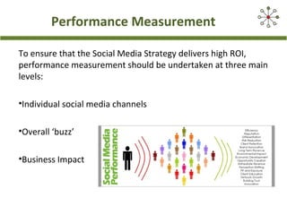 Performance Measurement
To ensure that the Social Media Strategy delivers high ROI,
performance measurement should be undertaken at three main
levels:
•Individual social media channels
•Overall ‘buzz’
•Business Impact
 