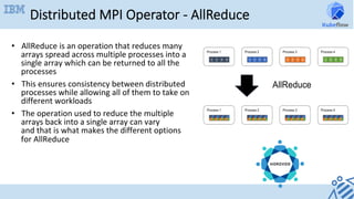 Distributed MPI Operator - AllReduce
•  AllReduce	is	an	operation	that	reduces	many	
arrays	spread	across	multiple	processes	into	a	
single	array	which	can	be	returned	to	all	the	
processes	
•  This	ensures	consistency	between	distributed	
processes	while	allowing	all	of	them	to	take	on	
different	workloads	
•  The	operation	used	to	reduce	the	multiple	
arrays	back	into	a	single	array	can	vary	
and	that	is	what	makes	the	different	options	
for	AllReduce	
 