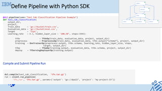 Define Pipeline with Python SDK
@dsl.pipeline(name='Taxi	Cab	Classification	Pipeline	Example’)	
def	taxi_cab_classification(	
				output_dir,		
				project,	
				Train_data						=	'gs://bucket/train.csv',	
				Evaluation_data	=	'gs://bucket/eval.csv',	
				Target										=	'tips',		
				Learning_rate			=	0.1,	hidden_layer_size	=	'100,50’,	steps=3000):	
	
				 	tfdv	 	 	=	TfdvOp(train_data,	evaluation_data,	project,	output_dir)	
				 	preprocess	 	=	PreprocessOp(train_data,	evaluation_data,	tfdv.output[“schema”],	project,	output_dir)	
				 	training		=	DnnTrainerOp(preprocess.output,	tfdv.schema,	learning_rate,	hidden_layer_size,	steps,		
target,	output_dir)	
				 	tfma	 	 	=	TfmaOp(training.output,	evaluation_data,	tfdv.schema,	project,	output_dir)	
				 	deploy	 	=	TfServingDeployerOp(training.output)	
	
Compile and Submit Pipeline Run
dsl.compile(taxi_cab_classification,		'tfx.tar.gz')	
run	=	client.run_pipeline(	
'tfx_run',	'tfx.tar.gz',	params={'output':	‘gs://dpa22’,	'project':	‘my-project-33’})	
 