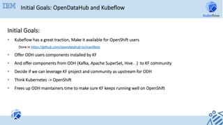 Initial Goals: OpenDataHub and Kubeflow
Initial Goals:
•  Kubeflow has a great traction, Make it available for OpenShift users
Done in https://github.com/opendatahub-io/manifests
•  Offer ODH users components installed by KF
•  And offer components from ODH (Kafka, Apache SuperSet, Hive…) to KF community
•  Decide if we can leverage KF project and community as upstream for ODH
•  Think Kubernetes -> OpenShift
•  Frees up ODH maintainers time to make sure KF keeps running well on OpenShift
 