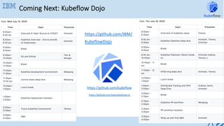 Coming Next: Kubeflow Dojo
https://github.com/kubeflow	
	
https://github.com/opendatahub-io	
	
			
https://github.com/IBM/
KubeflowDojo	
	
 