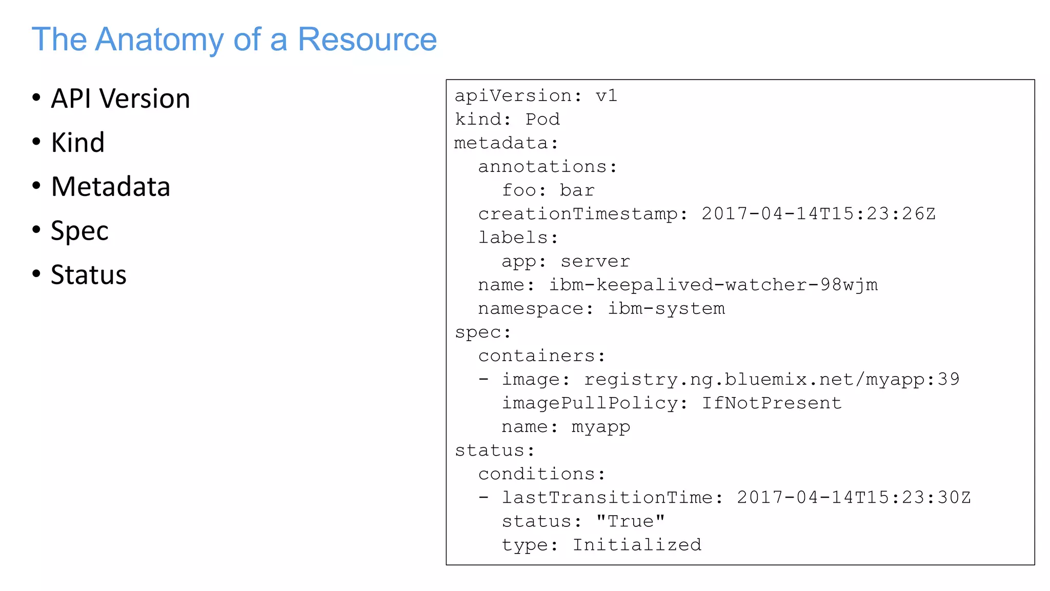 The Anatomy of a Resource
• API Version
• Kind
• Metadata
• Spec
• Status
apiVersion: v1
kind: Pod
metadata:
annotations:
foo: bar
creationTimestamp: 2017-04-14T15:23:26Z
labels:
app: server
name: ibm-keepalived-watcher-98wjm
namespace: ibm-system
spec:
containers:
- image: registry.ng.bluemix.net/myapp:39
imagePullPolicy: IfNotPresent
name: myapp
status:
conditions:
- lastTransitionTime: 2017-04-14T15:23:30Z
status: "True"
type: Initialized
 