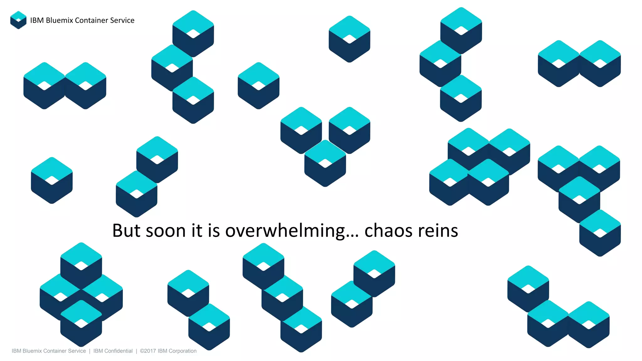 But soon it is overwhelming… chaos reins
IBM Bluemix Container Service
IBM Bluemix Container Service | IBM Confidential | ©2017 IBM Corporation
 