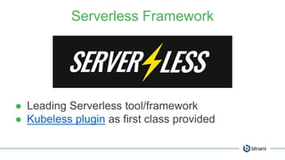 Serverless Framework
● Leading Serverless tool/framework
● Kubeless plugin as first class provided
 