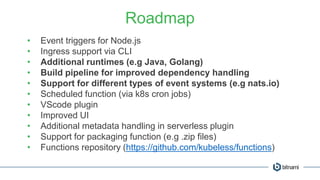 Roadmap
• Event triggers for Node.js
• Ingress support via CLI
• Additional runtimes (e.g Java, Golang)
• Build pipeline for improved dependency handling
• Support for different types of event systems (e.g nats.io)
• Scheduled function (via k8s cron jobs)
• VScode plugin
• Improved UI
• Additional metadata handling in serverless plugin
• Support for packaging function (e.g .zip files)
• Functions repository (https://github.com/kubeless/functions)
 
