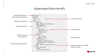 CONFIDENTIAL designator
Kubernetes Pod is the API
Deconflict names
apiVersion: v1
kind: Pod
metadata:
name: nginx
spec:
containers:
- name: nginx
image: quay.io/robszumski/nginx
securityContext:
privileged: true
ports:
- name: tls
containerPort: 443
hostPort: 443
protocol: TCP
resources:
limits:
cpu: "100m"
memory: "100Mi"
volumeMounts:
- name: letsencrypt
mountPath: /etc/letsencrypt
mountPropagation: Bidirectional
- name: proxy3
image: quay.io/pusher/oauth2_proxy
volumes:
- name: letsencrypt
hostPath:
path: /etc/letsencrypt
Standardized format
that is well understood
Multiple containers
Port mapping
Resource limits,
hard and soft
Volume mapping, including
shared mounts
Security contexts
Liveness/readiness probes
Restart policy
 