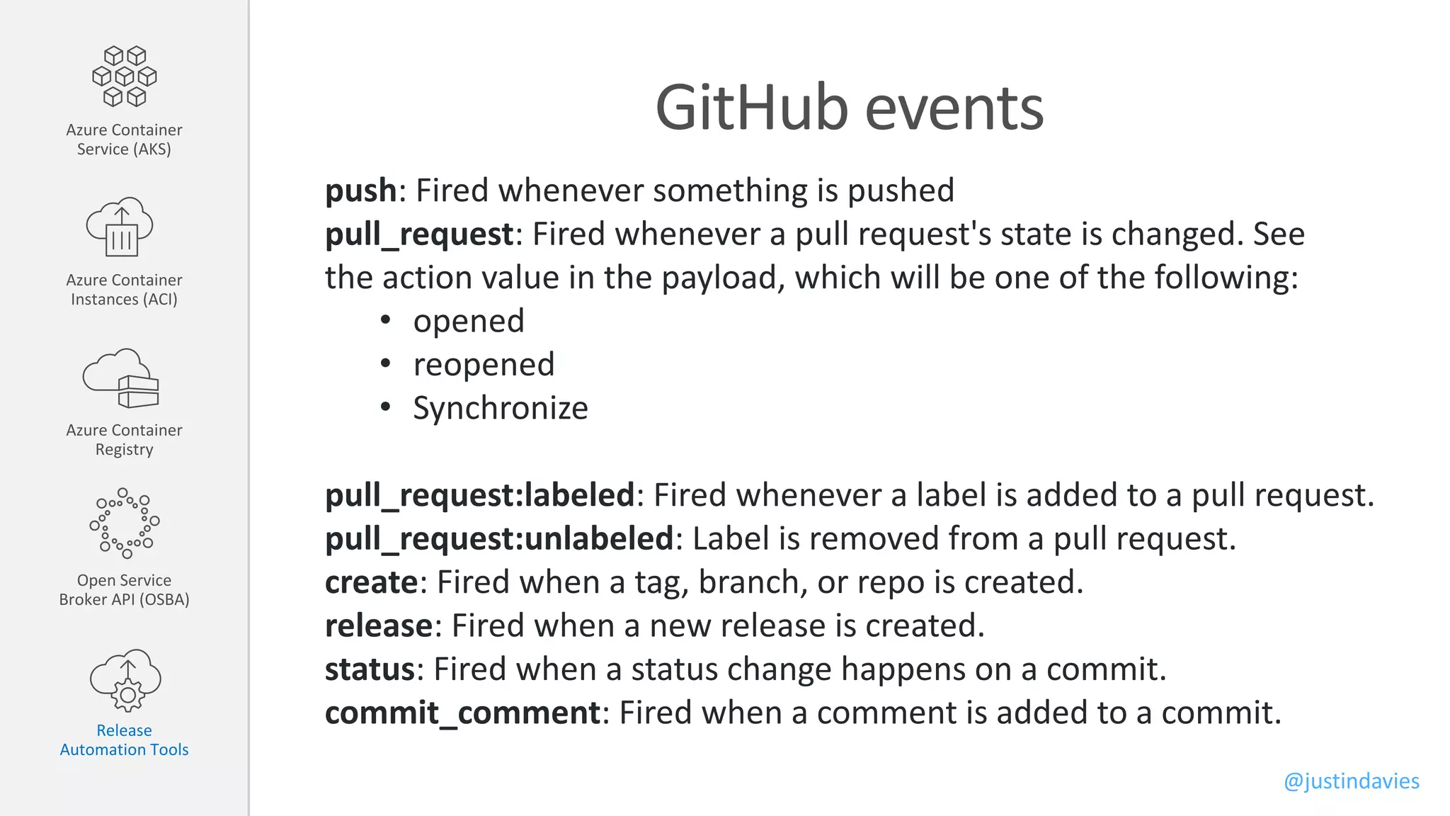 GitHub eventsAzure Container
Service (AKS)
Azure Container
Instances (ACI)
Azure Container
Registry
Open Service
Broker API (OSBA)
Release
Automation Tools
push: Fired whenever something is pushed
pull_request: Fired whenever a pull request's state is changed. See
the action value in the payload, which will be one of the following:
• opened
• reopened
• Synchronize
pull_request:labeled: Fired whenever a label is added to a pull request.
pull_request:unlabeled: Label is removed from a pull request.
create: Fired when a tag, branch, or repo is created.
release: Fired when a new release is created.
status: Fired when a status change happens on a commit.
commit_comment: Fired when a comment is added to a commit.
@justindavies
 