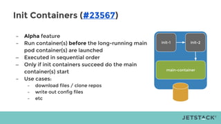 Init Containers (#23567)
– Alpha feature
– Run container(s) before the long-running main
pod container(s) are launched
– Executed in sequential order
– Only if init containers succeed do the main
container(s) start
– Use cases:
– download files / clone repos
– write out config files
– etc
init-1 init-2
main-container
 