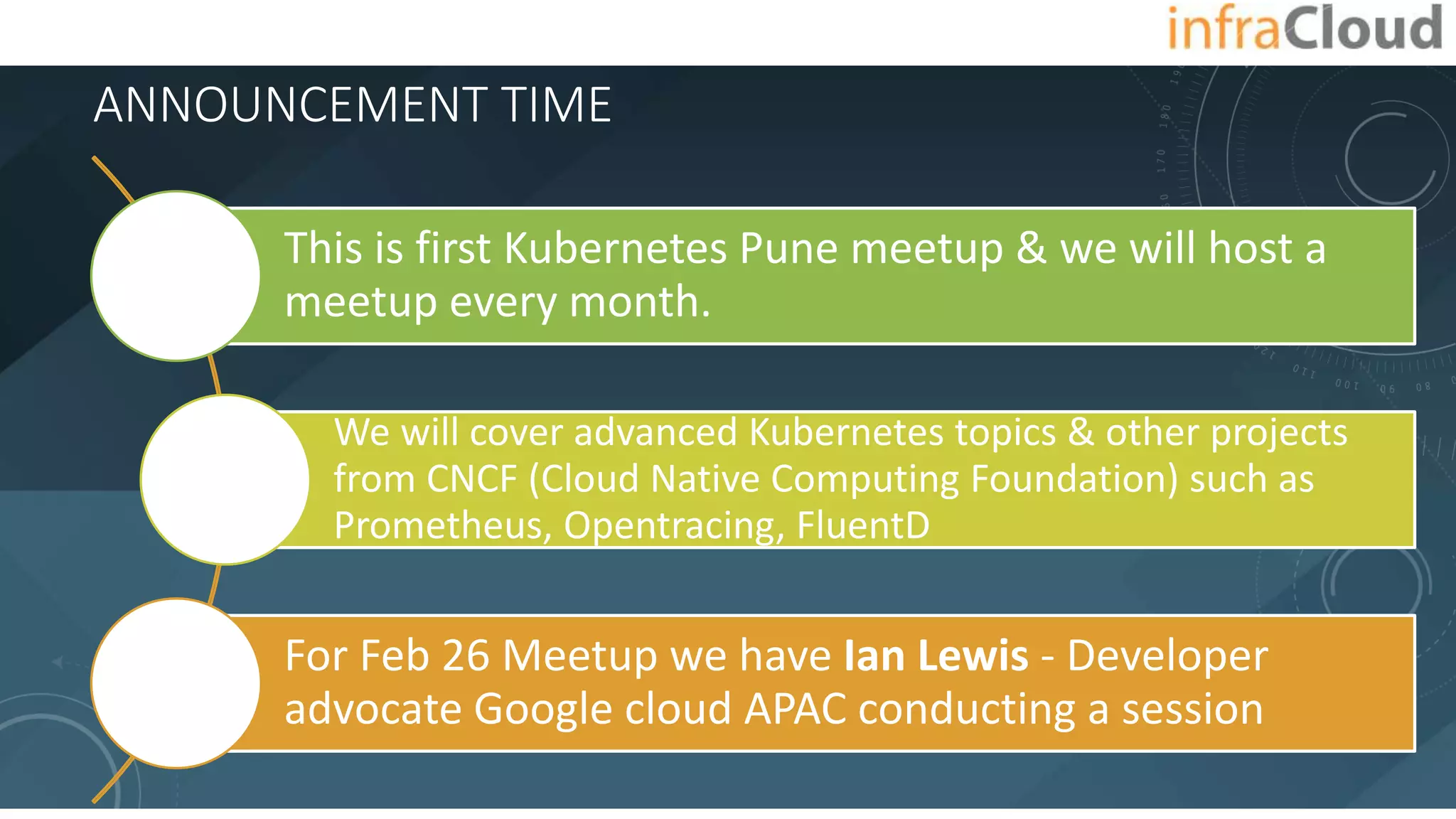 ANNOUNCEMENT TIME
This is first Kubernetes Pune meetup & we will host a
meetup every month.
We will cover advanced Kubernetes topics & other projects
from CNCF (Cloud Native Computing Foundation) such as
Prometheus, Opentracing, FluentD
For Feb 26 Meetup we have Ian Lewis - Developer
advocate Google cloud APAC conducting a session
 