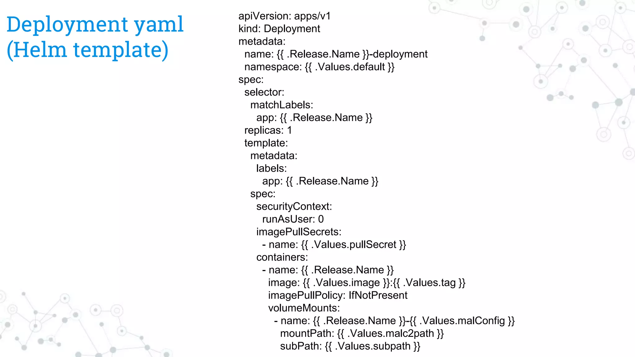 Deployment yaml
(Helm template)
apiVersion: apps/v1
kind: Deployment
metadata:
name: {{ .Release.Name }}-deployment
namespace: {{ .Values.default }}
spec:
selector:
matchLabels:
app: {{ .Release.Name }}
replicas: 1
template:
metadata:
labels:
app: {{ .Release.Name }}
spec:
securityContext:
runAsUser: 0
imagePullSecrets:
- name: {{ .Values.pullSecret }}
containers:
- name: {{ .Release.Name }}
image: {{ .Values.image }}:{{ .Values.tag }}
imagePullPolicy: IfNotPresent
volumeMounts:
- name: {{ .Release.Name }}-{{ .Values.malConfig }}
mountPath: {{ .Values.malc2path }}
subPath: {{ .Values.subpath }}
 