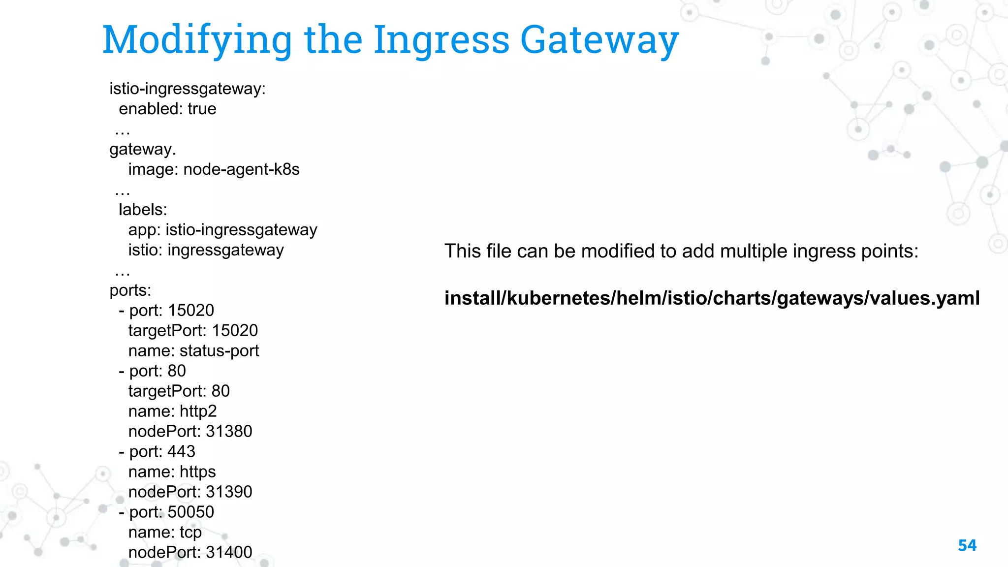 Modifying the Ingress Gateway
54
istio-ingressgateway:
enabled: true
…
gateway.
image: node-agent-k8s
…
labels:
app: istio-ingressgateway
istio: ingressgateway
…
ports:
- port: 15020
targetPort: 15020
name: status-port
- port: 80
targetPort: 80
name: http2
nodePort: 31380
- port: 443
name: https
nodePort: 31390
- port: 50050
name: tcp
nodePort: 31400
This file can be modified to add multiple ingress points:
install/kubernetes/helm/istio/charts/gateways/values.yaml
 