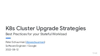 Peter Schuurman (@pwschuurman)
Software Engineer / Google
2022-08-12
K8s Cluster Upgrade Strategies
Best Practices for your Stateful Workload
 