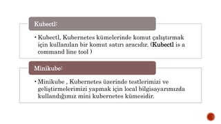•Kubectl, Kubernetes kümelerinde komut çalıştırmak
için kullanılan bir komut satırı aracıdır. (Kubectl is a
command line tool )
Kubectl:
•Minikube , Kubernetes üzerinde testlerimizi ve
geliştirmelerimizi yapmak için local bilgisayarımızda
kullandığımız mini kubernetes kümesidir.
Minikube:
 