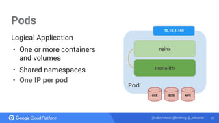 35@kubernetesio @bretmcg @_askcarter
Pods
Logical Application
• One or more containers
and volumes
• Shared namespaces
• O...