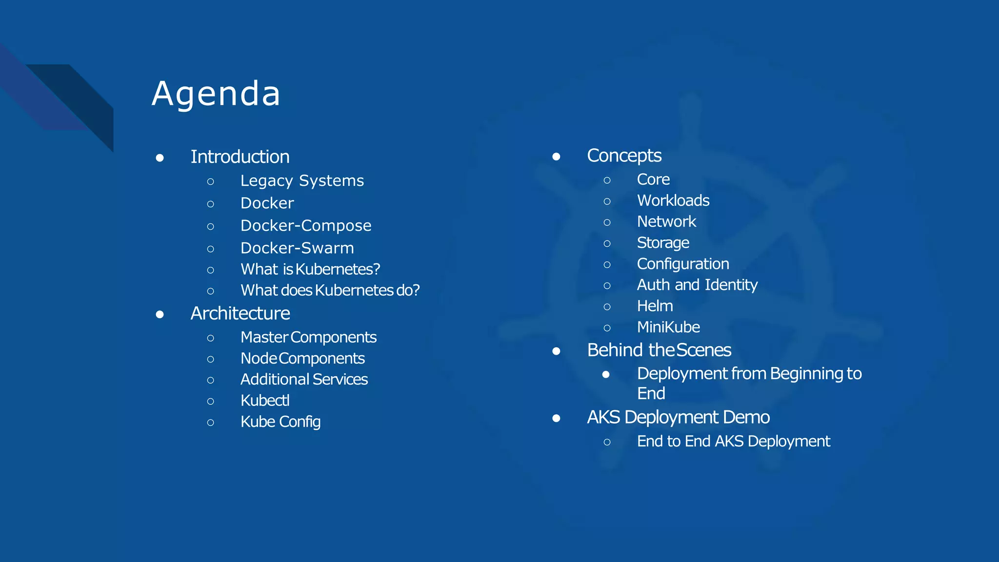 Agenda
● Introduction
○ Legacy Systems
○ Docker
○ Docker-Compose
○ Docker-Swarm
○ What isKubernetes?
○ What doesKubernetesdo?
● Architecture
○ MasterComponents
○ NodeComponents
○ Additional Services
○ Kubectl
○ Kube Config
● Concepts
○ Core
○ Workloads
○ Network
○ Storage
○ Configuration
○ Auth and Identity
○ Helm
○ MiniKube
● Behind theScenes
● Deployment fromBeginningto
End
● AKS Deployment Demo
○ End to End AKS Deployment
 