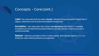 Concepts - Core(cont.)
Label- Key-valuepairs that areusedto identify, describe andgrouptogetherrelated setsof
objects.Labelshaveastrict syntaxandavailable characterset.*
Annotation - Key-value pairs that contain non-identifying information or metadata.
Annotations donot havethethesyntaxlimitations aslabels andcancontainstructured or
unstructureddata.
Selector - Selectors uselabels to filter or select objects. Bothequality-based(=,==,!=)or
simplekey-valuematchingselectorsaresupported.
* https://kubernetes.io/docs/concepts/overview/working-with-objects/labels/#syntax-and-character-set
 