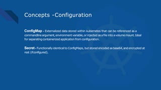 Concepts -Configuration
ConfigMap - Externalized data stored within kubernetes that can be referenced as a
commandlineargument,environment variable,or injected asafile into avolumemount.Ideal
for separatingcontainerizedapplication fromconfiguration.
Secret- Functionallyidenticalto ConfigMaps, but stored encoded asbase64,andencrypted at
rest (ifconfigured).
 