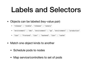 Labels and Selectors
• Objects can be labeled (key-value pair)

• Match one object kinds to another

• Schedule pods to nodes

• Map service/controllers to set of pods
 