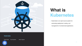 What is 
Kubernetes 
▪ Kubernetes is an open-source system for
automating deployment, scaling, and
management of containerized applications.
Kubernetes
Planet Scale Run Anywhere Never Outgrow
17
 