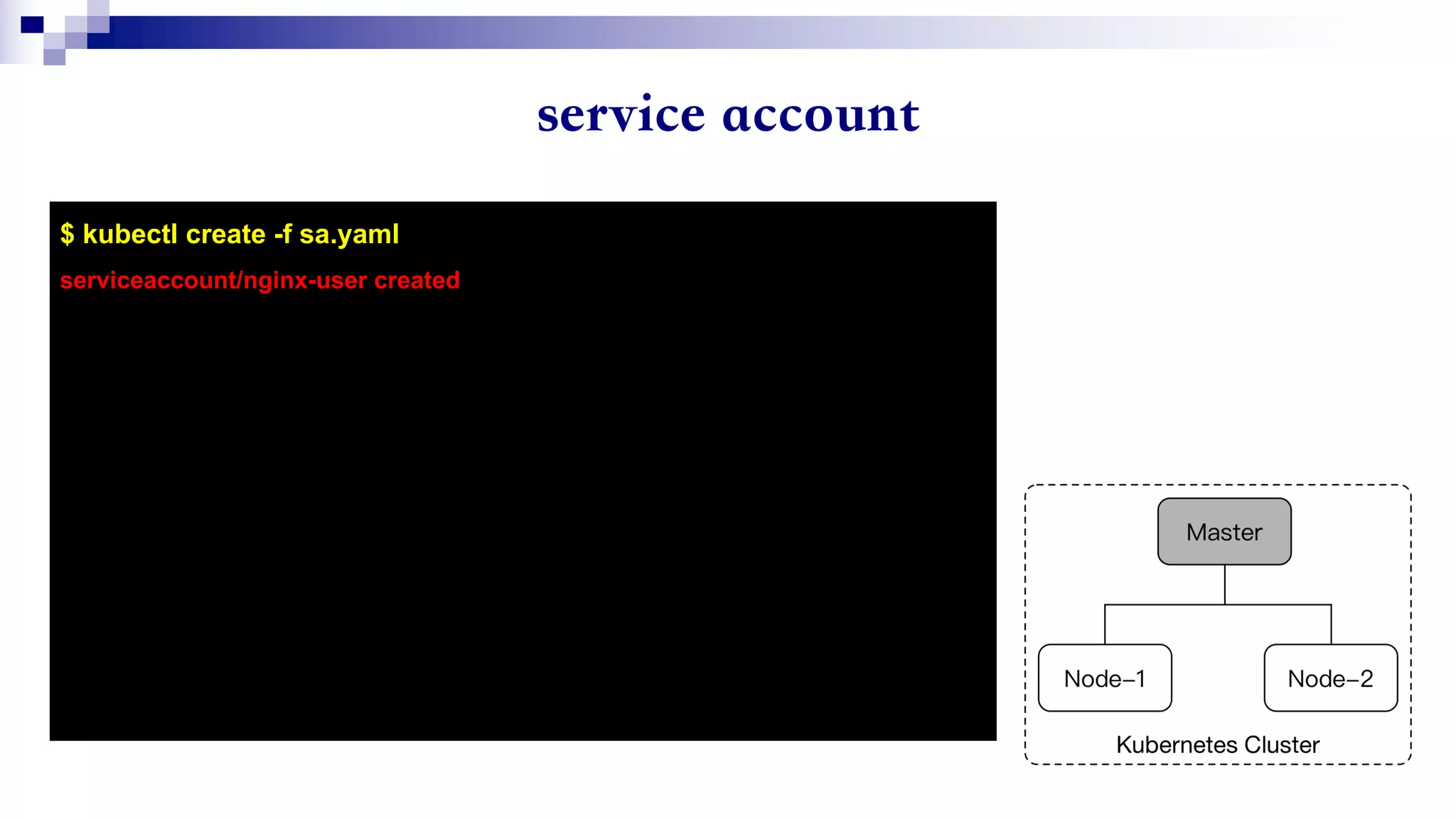 $ kubectl create -f sa.yaml
serviceaccount/nginx-user created
 