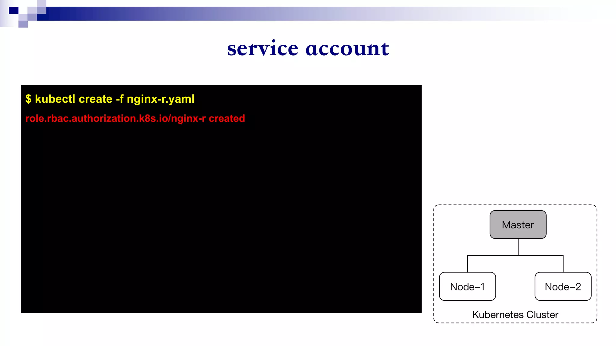 $ kubectl create -f nginx-r.yaml
role.rbac.authorization.k8s.io/nginx-r created
 