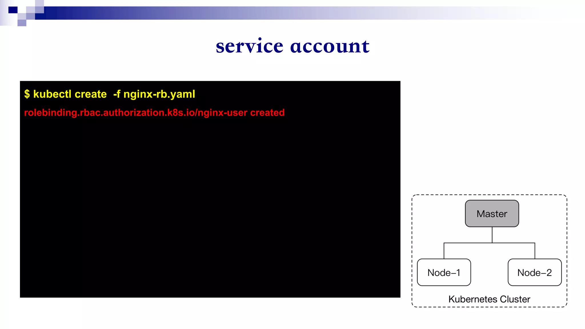$ kubectl create -f nginx-rb.yaml
rolebinding.rbac.authorization.k8s.io/nginx-user created
 