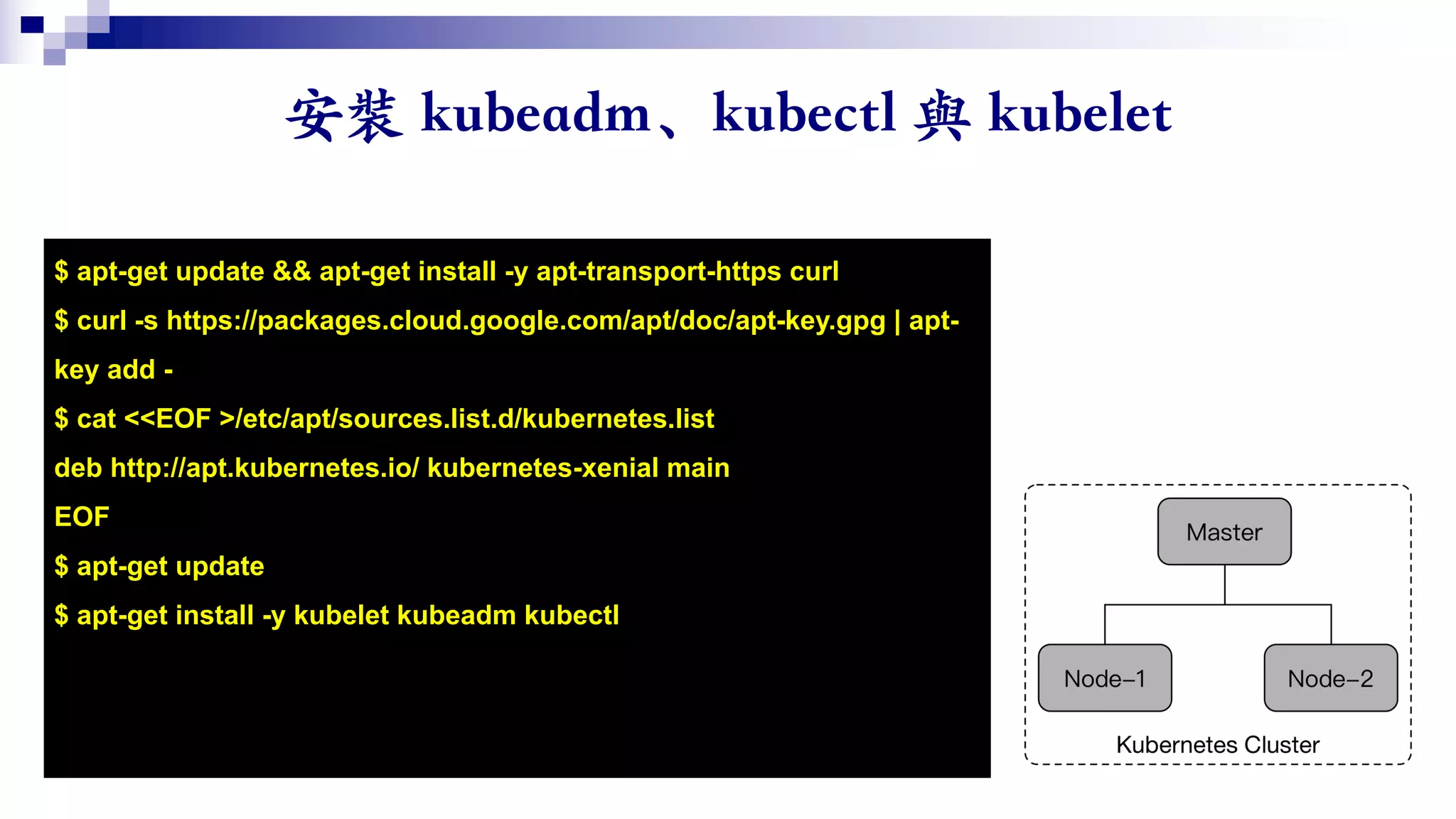 $ apt-get update && apt-get install -y apt-transport-https curl
$ curl -s https://packages.cloud.google.com/apt/doc/apt-key.gpg | apt-
key add -
$ cat <<EOF >/etc/apt/sources.list.d/kubernetes.list
deb http://apt.kubernetes.io/ kubernetes-xenial main
EOF
$ apt-get update
$ apt-get install -y kubelet kubeadm kubectl
 