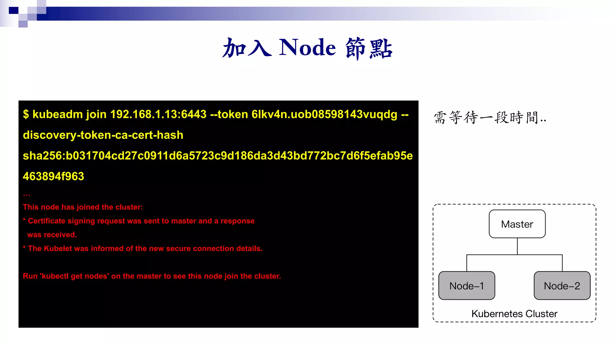 $ kubeadm join 192.168.1.13:6443 --token 6lkv4n.uob08598143vuqdg --
discovery-token-ca-cert-hash
sha256:b031704cd27c0911d6a5723c9d186da3d43bd772bc7d6f5efab95e
463894f963
…
This node has joined the cluster:
* Certificate signing request was sent to master and a response
was received.
* The Kubelet was informed of the new secure connection details.
Run 'kubectl get nodes' on the master to see this node join the cluster.
 
