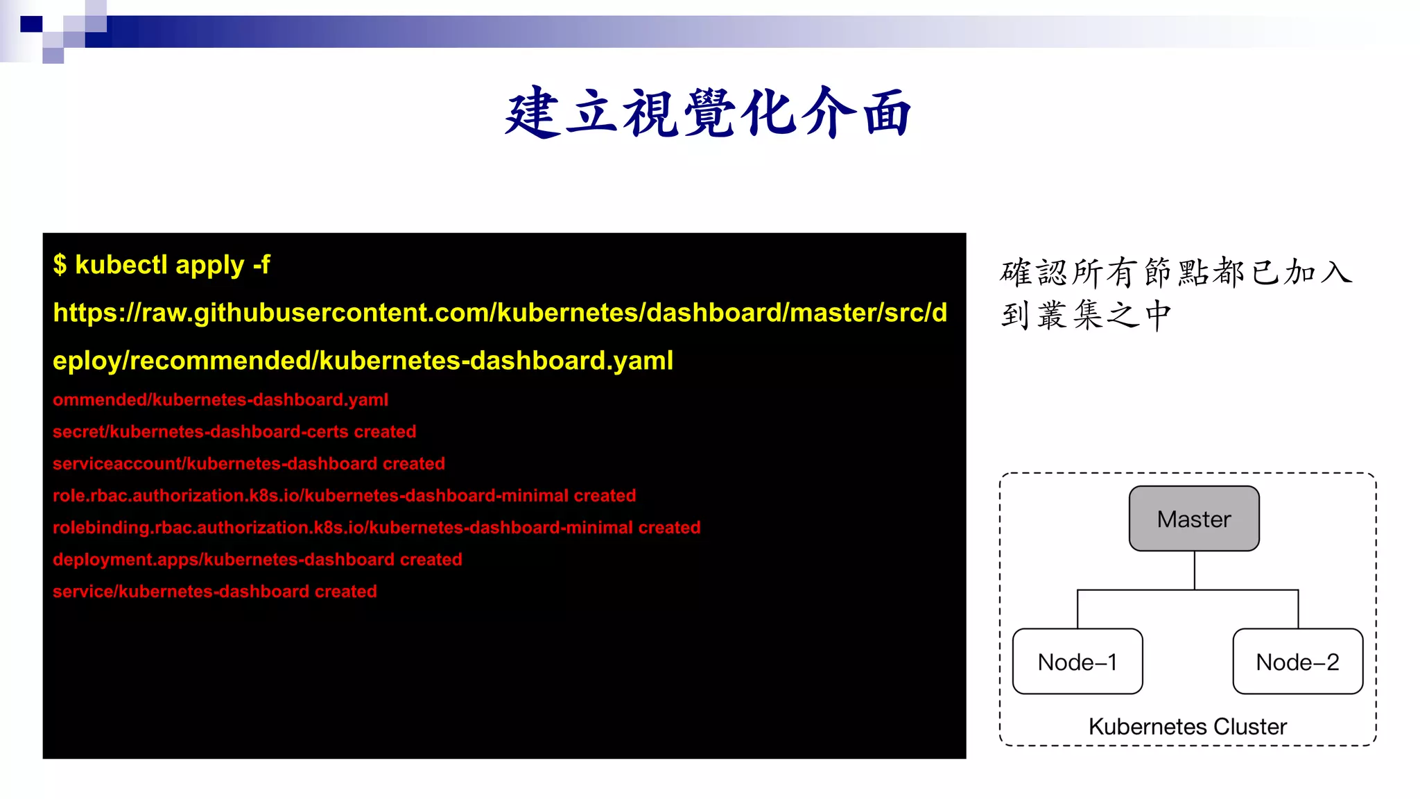 $ kubectl apply -f
https://raw.githubusercontent.com/kubernetes/dashboard/master/src/d
eploy/recommended/kubernetes-dashboard.yaml
ommended/kubernetes-dashboard.yaml
secret/kubernetes-dashboard-certs created
serviceaccount/kubernetes-dashboard created
role.rbac.authorization.k8s.io/kubernetes-dashboard-minimal created
rolebinding.rbac.authorization.k8s.io/kubernetes-dashboard-minimal created
deployment.apps/kubernetes-dashboard created
service/kubernetes-dashboard created
 