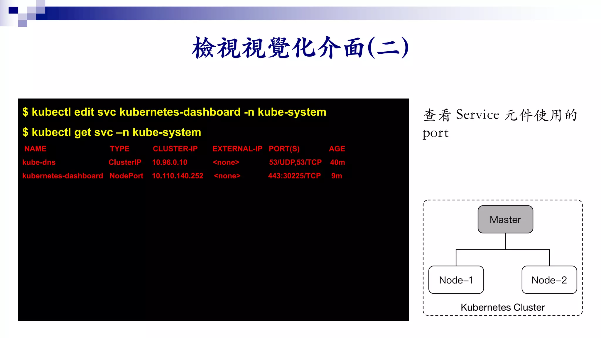 $ kubectl edit svc kubernetes-dashboard -n kube-system
$ kubectl get svc –n kube-system
NAME TYPE CLUSTER-IP EXTERNAL-IP PORT(S) AGE
kube-dns ClusterIP 10.96.0.10 <none> 53/UDP,53/TCP 40m
kubernetes-dashboard NodePort 10.110.140.252 <none> 443:30225/TCP 9m
 