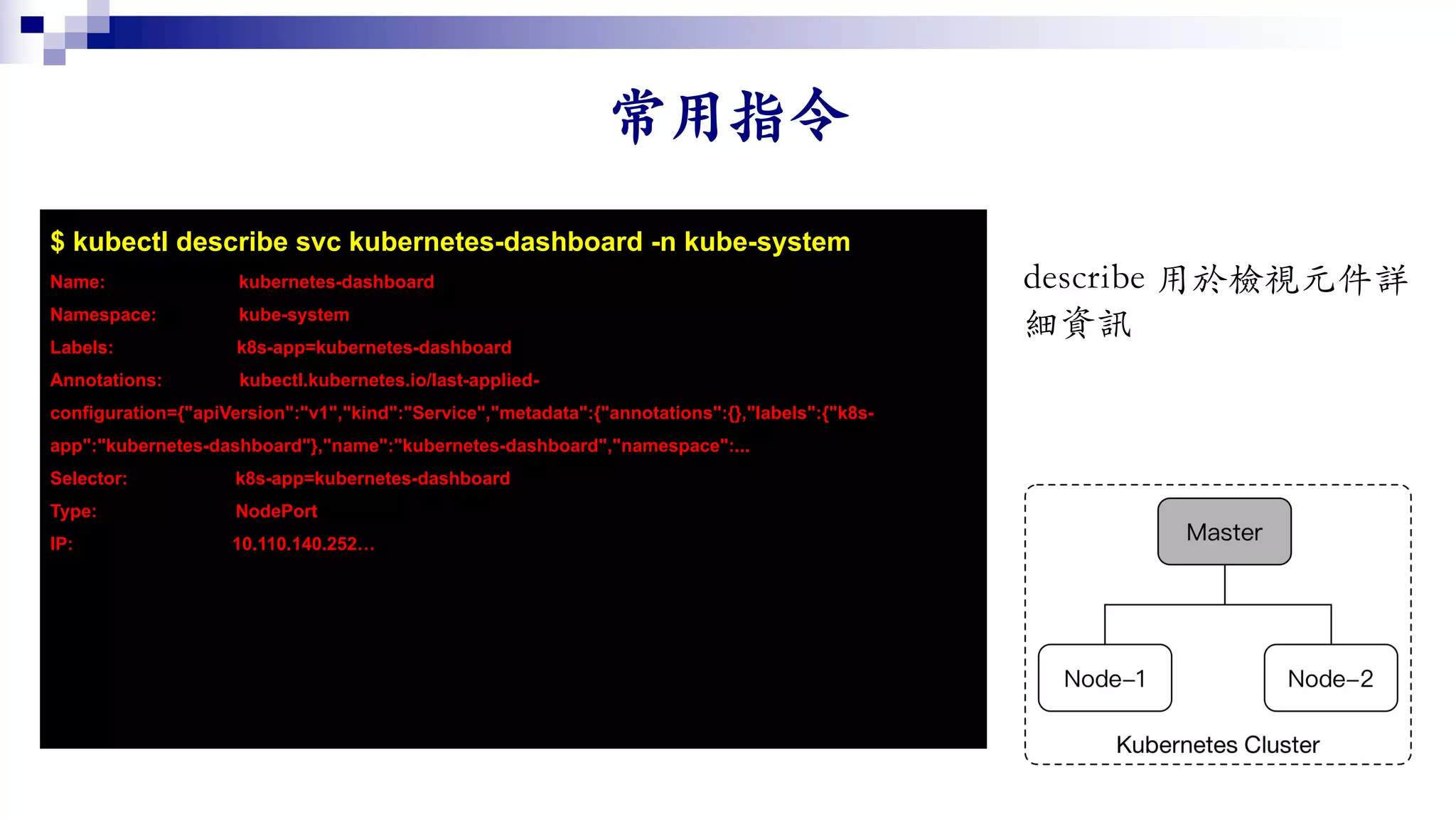 $ kubectl describe svc kubernetes-dashboard -n kube-system
Name: kubernetes-dashboard
Namespace: kube-system
Labels: k8s-app=kubernetes-dashboard
Annotations: kubectl.kubernetes.io/last-applied-
configuration={"apiVersion":"v1","kind":"Service","metadata":{"annotations":{},"labels":{"k8s-
app":"kubernetes-dashboard"},"name":"kubernetes-dashboard","namespace":...
Selector: k8s-app=kubernetes-dashboard
Type: NodePort
IP: 10.110.140.252…
 
