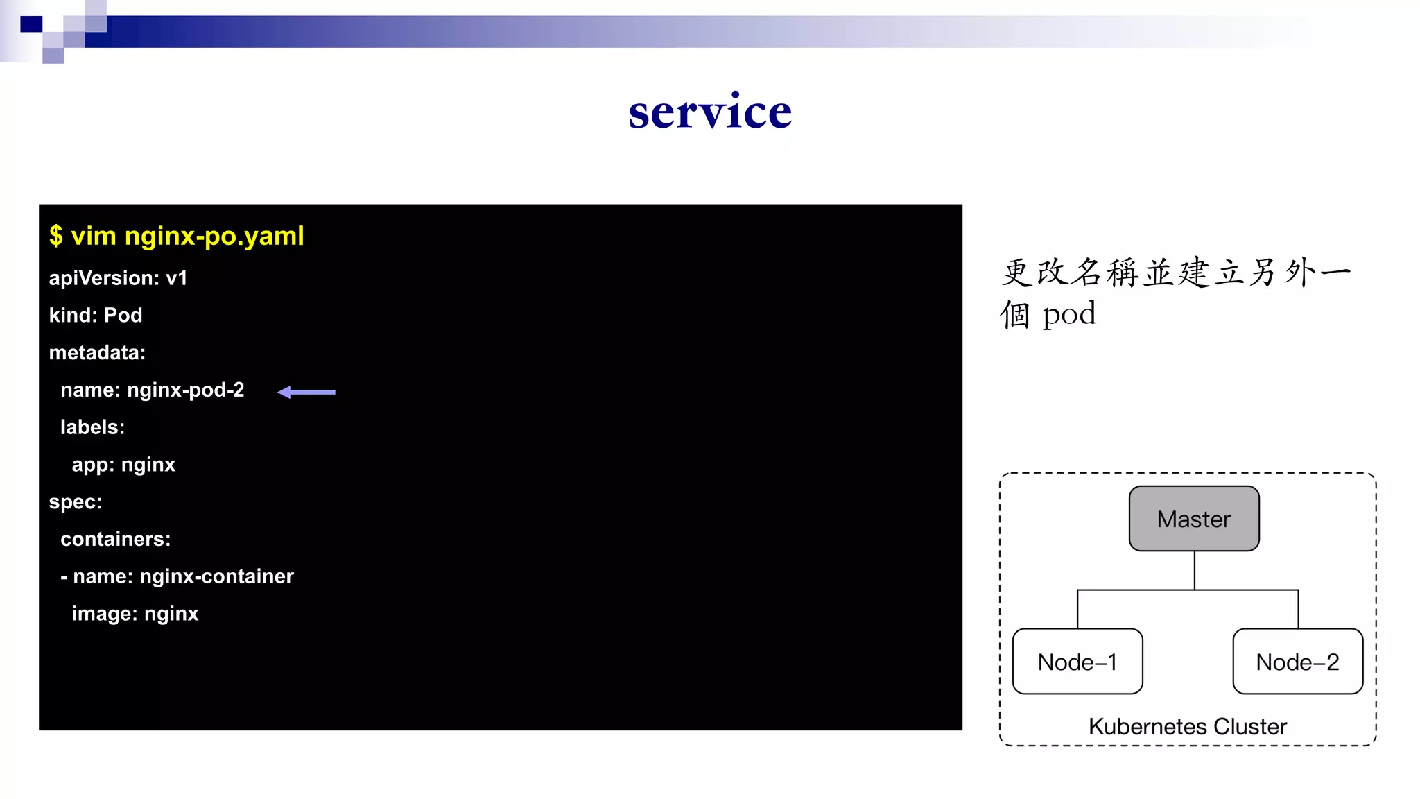 $ vim nginx-po.yaml
apiVersion: v1
kind: Pod
metadata:
name: nginx-pod-2
labels:
app: nginx
spec:
containers:
- name: nginx-container
image: nginx
 
