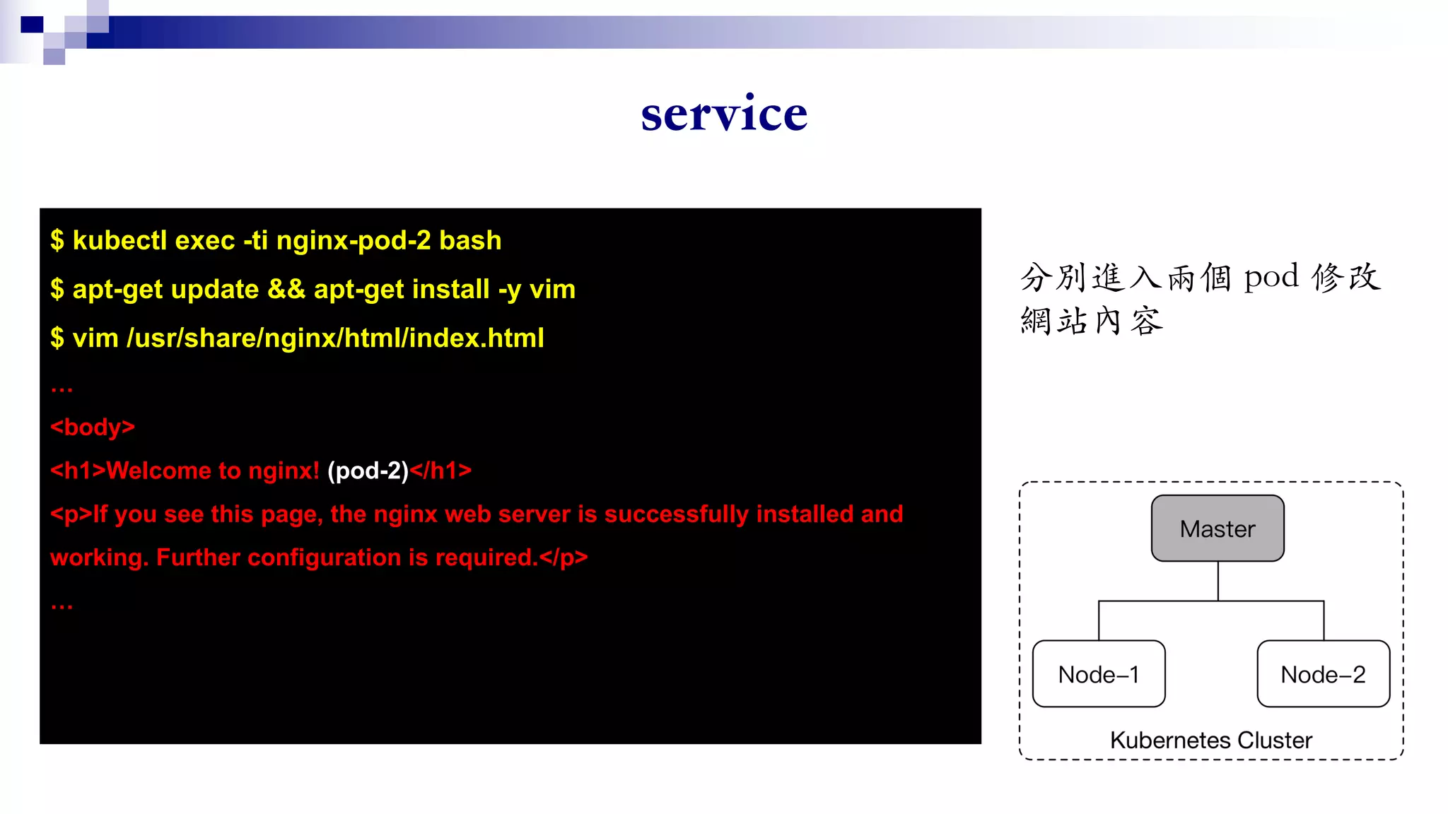 $ kubectl exec -ti nginx-pod-2 bash
$ apt-get update && apt-get install -y vim
$ vim /usr/share/nginx/html/index.html
…
<body>
<h1>Welcome to nginx! (pod-2)</h1>
<p>If you see this page, the nginx web server is successfully installed and
working. Further configuration is required.</p>
…
 