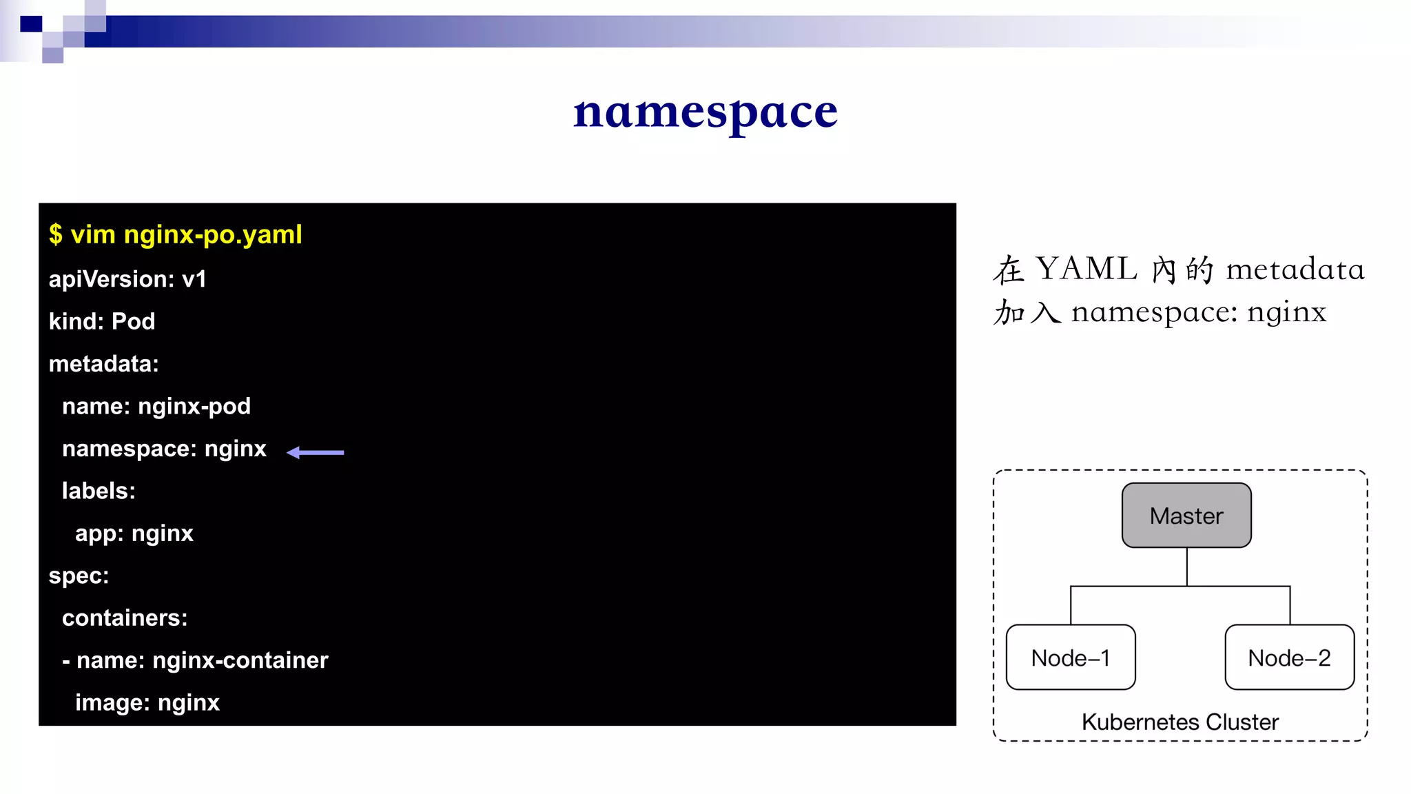 $ vim nginx-po.yaml
apiVersion: v1
kind: Pod
metadata:
name: nginx-pod
namespace: nginx
labels:
app: nginx
spec:
containers:
- name: nginx-container
image: nginx
 