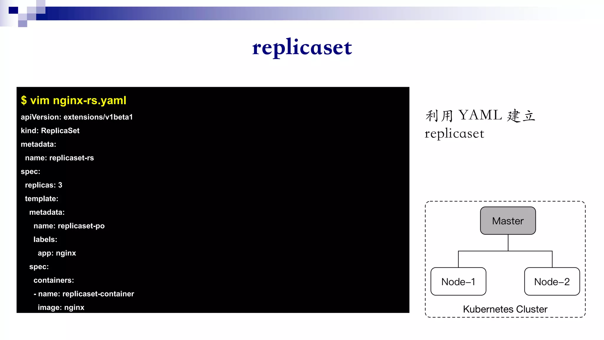 $ vim nginx-rs.yaml
apiVersion: extensions/v1beta1
kind: ReplicaSet
metadata:
name: replicaset-rs
spec:
replicas: 3
template:
metadata:
name: replicaset-po
labels:
app: nginx
spec:
containers:
- name: replicaset-container
image: nginx
 