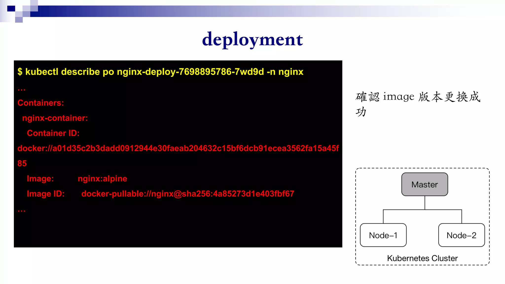 $ kubectl describe po nginx-deploy-7698895786-7wd9d -n nginx
…
Containers:
nginx-container:
Container ID:
docker://a01d35c2b3dadd0912944e30faeab204632c15bf6dcb91ecea3562fa15a45f
85
Image: nginx:alpine
Image ID: docker-pullable://nginx@sha256:4a85273d1e403fbf67
…
 