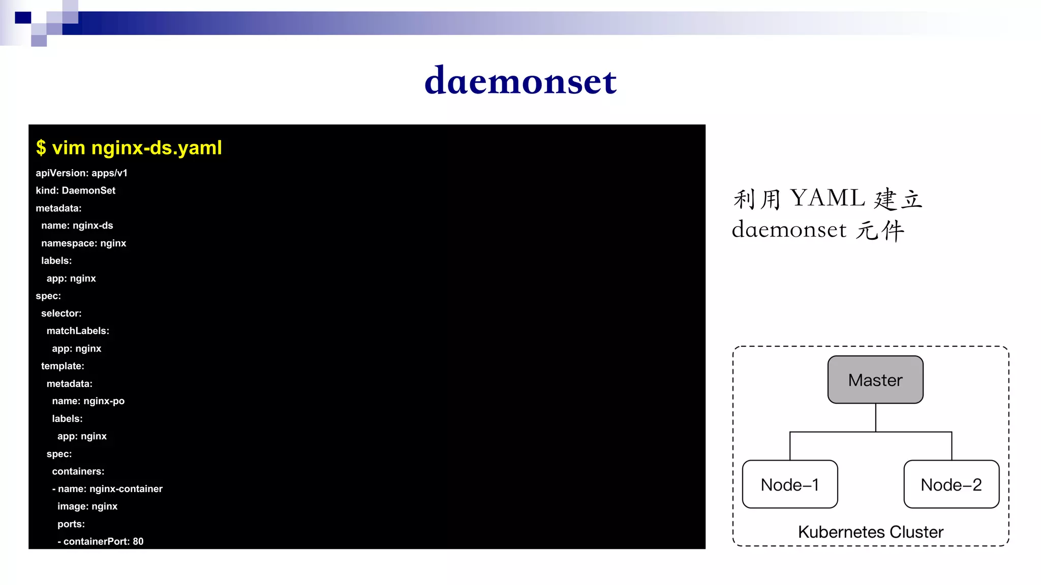$ vim nginx-ds.yaml
apiVersion: apps/v1
kind: DaemonSet
metadata:
name: nginx-ds
namespace: nginx
labels:
app: nginx
spec:
selector:
matchLabels:
app: nginx
template:
metadata:
name: nginx-po
labels:
app: nginx
spec:
containers:
- name: nginx-container
image: nginx
ports:
- containerPort: 80
 