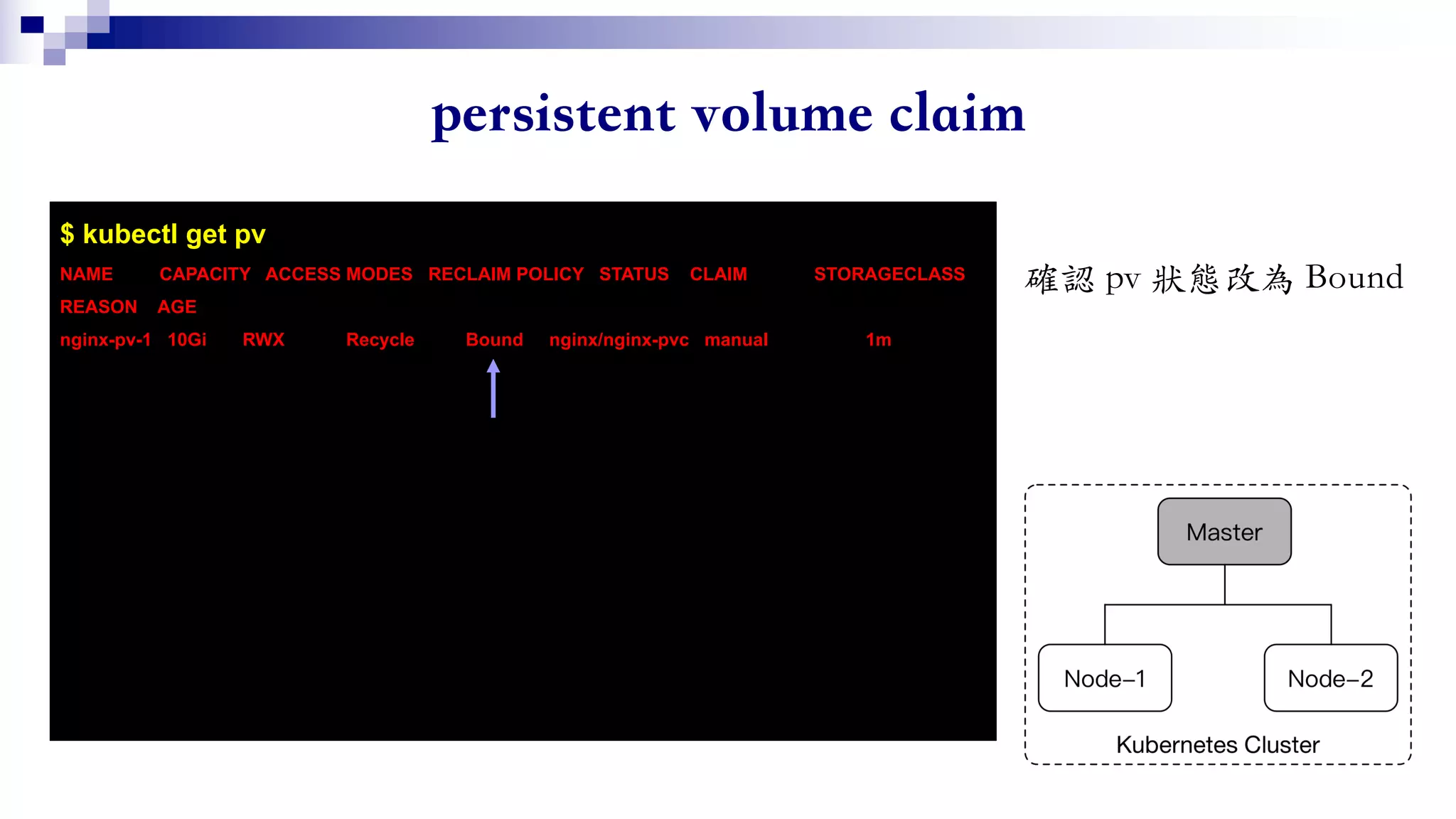 $ kubectl get pv
NAME CAPACITY ACCESS MODES RECLAIM POLICY STATUS CLAIM STORAGECLASS
REASON AGE
nginx-pv-1 10Gi RWX Recycle Bound nginx/nginx-pvc manual 1m
 