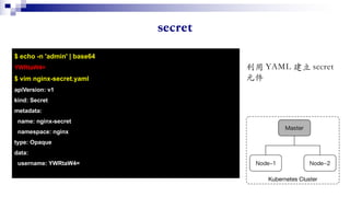 $ echo -n 'admin' | base64
YWRtaW4=
$ vim nginx-secret.yaml
apiVersion: v1
kind: Secret
metadata:
name: nginx-secret
namespace: nginx
type: Opaque
data:
username: YWRtaW4=
 
