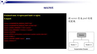 $ kubectl exec -ti nginx-pod bash -n nginx
$ export
…
declare -x KUBERNETES_SERVICE_PORT="443"
declare -x KUBERNETES_SERVICE_PORT_HTTPS="443"
declare -x NGINX_VERSION="1.15.0-1~stretch"
declare -x NJS_VERSION="1.15.0.0.2.1-1~stretch"
declare -x OLDPWD
declare -x PATH="/usr/local/sbin:/usr/local/bin:/usr/sbin:/usr/bin:/sbin:/bin"
declare -x PWD="/"
declare -x SECRET_NAME="admin"
declare -x SHLVL="1”
…
 
