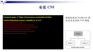 $ kubectl apply -f "https://cloud.weave.works/k8s/net?k8s-
version=$(kubectl version | base64 | tr -d 'n')"
serviceaccount/weave-net created
clusterrole.rbac.authorization.k8s.io/weave-net created
clusterrolebinding.rbac.authorization.k8s.io/weave-net created
role.rbac.authorization.k8s.io/weave-net created
rolebinding.rbac.authorization.k8s.io/weave-net created
daemonset.extensions/weave-net created
 