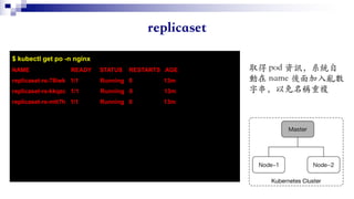$ kubectl get po -n nginx
NAME READY STATUS RESTARTS AGE
replicaset-rs-78lwk 1/1 Running 0 13m
replicaset-rs-kkqzc 1/1 Running 0 13m
replicaset-rs-mtt7h 1/1 Running 0 13m
 