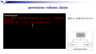 $ kubectl get pv
NAME CAPACITY ACCESS MODES RECLAIM POLICY STATUS CLAIM STORAGECLASS
REASON AGE
nginx-pv-1 10Gi RWX Recycle Bound nginx/nginx-pvc manual 1m
 