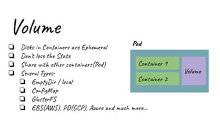 Volume
❏ Disks in Containers are Ephemeral
❏ Don't lose the State
❏ Share with other containers(Pod)
❏ Several Types:
❏ EmptyDir | local
❏ ConﬁgMap
❏ GlusterFS
❏ EBS(AWS), PD(GCP), Azure and much more...
Pod
Container 1
Container 2
Volume
 