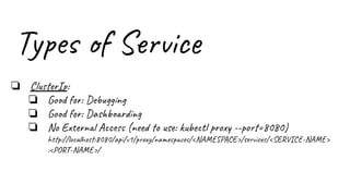 Types of Service
❏ ClusterIp:
❏ Good for: Debugging
❏ Good for: Dashboarding
❏ No External Access (need to use: kubectl proxy --port=8080)
http://localhost:8080/api/v1/proxy/namespaces/<NAMESPACE>/services/<SERVICE-NAME>
:<PORT-NAME>/
 